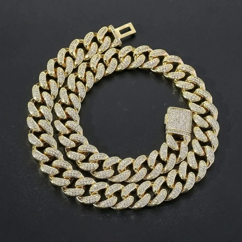 Men's Hip Hop 12mm Golden Cuban Link Chain Necklace with cubic zirconia Stones